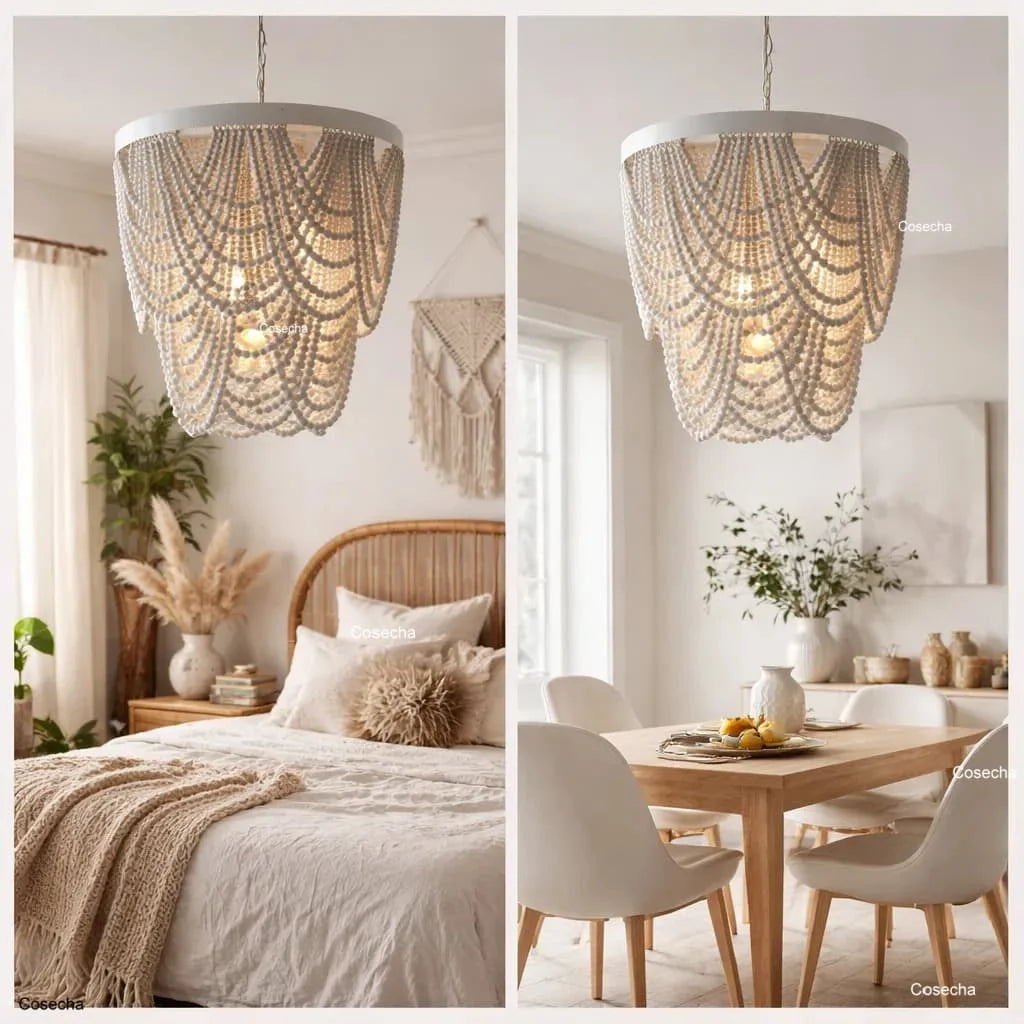 Black French Country Chandelier Large Hanging Lights Dia60 H65cm Living Room Boho Wood Bead Chandelier For Bedroom Dining Room