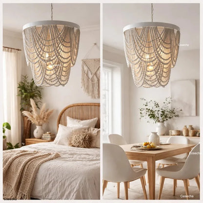 Black French Country Chandelier Large Hanging Lights Dia60 H65cm Living Room Boho Wood Bead Chandelier For Bedroom Dining Room