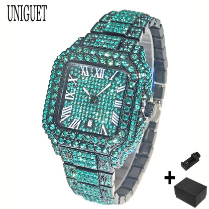 Cool Black Iced Watch For Man Fashion Brand UNIGUET Hip Hop Diamond Bling Bling Jewelry Square Wrist Watch Mens Dropshipping
