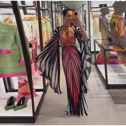 Chic Gradient Stripe Halter Dress Women Butterfly Sleeve Backless Slim Floor-length Dresses 2026 New Lady Party Evening Gown ﻿