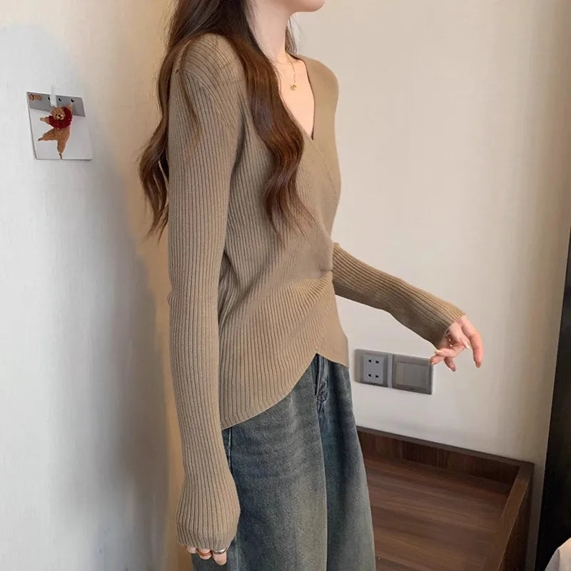 Women Wrap V Neck Ribbed Knit Top Metal Ring Buckle Flare Long Sleeve Slim Sweater