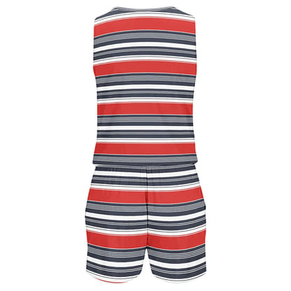 2023 summer new hot sales stripe color block print one piece shorts sleeveless zipper v neck one piece