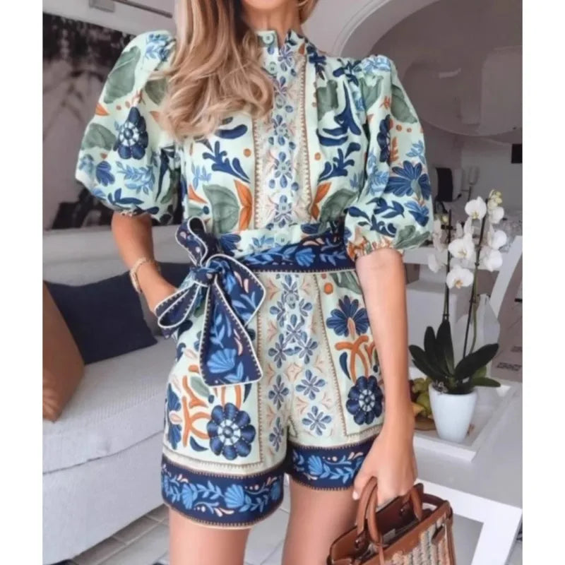 2025 Summer Fashion Jumpsuits New Women's Elegant Bohemian High Street Romper Printed Single Breasted Strap Streetwear Playsuits