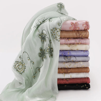 Elegant Embroidery Glitter Shimmer Hijab Shawl Pleated Glitter Chiffon Shawl Lightweight Crinkle Flowy Plain Hijab Scarves