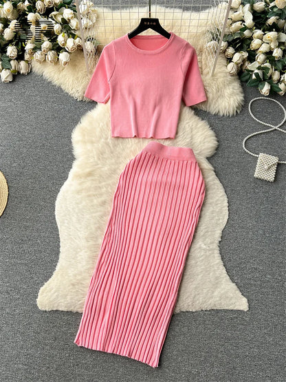 SINGREINY Casual Two Piece Sets Women Summer O Neck Top Elastic Waist Long Skirt Fashion Office Lady Korean Knit Suit