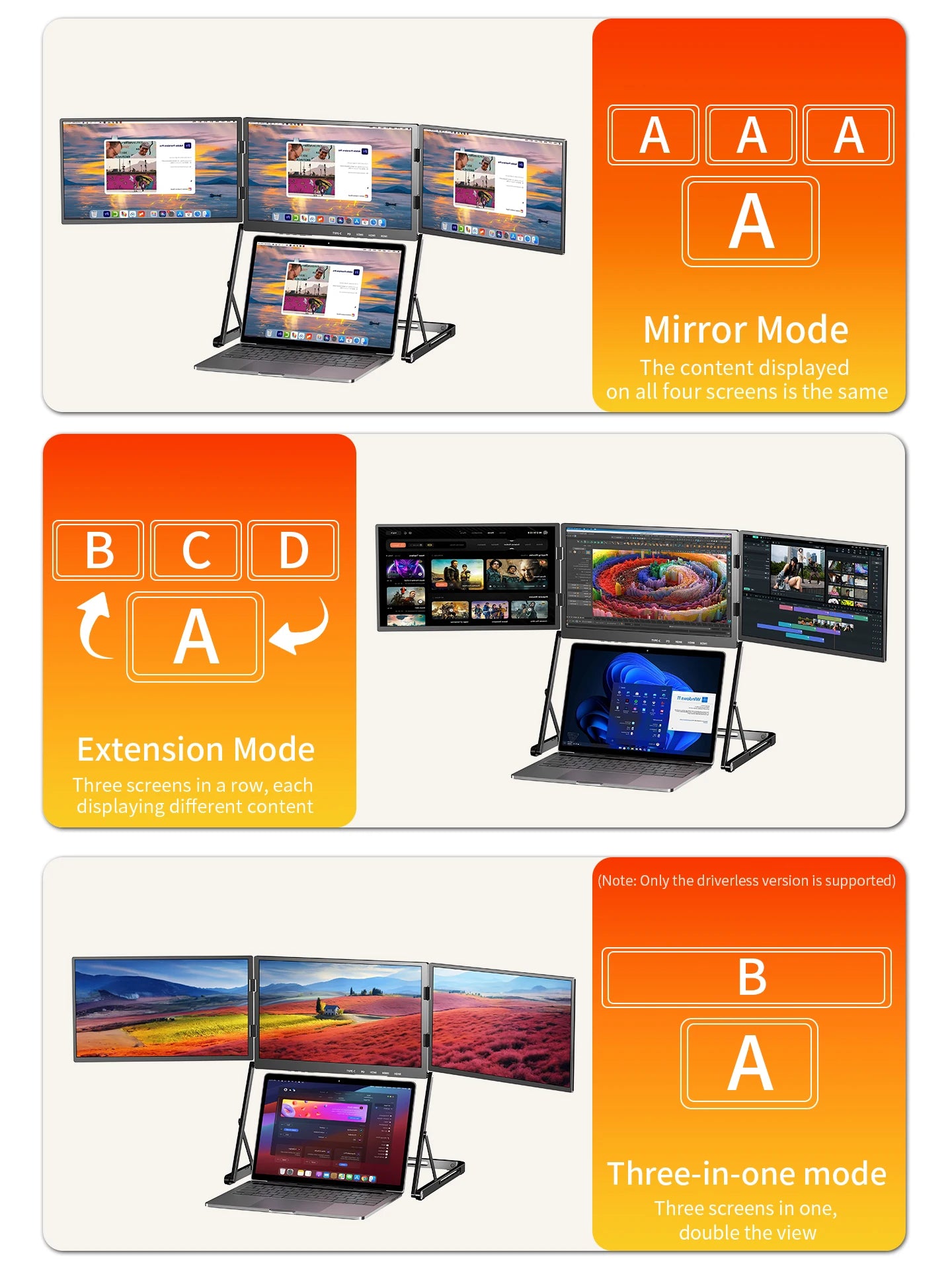 SIBOLAN 16 Inch Triple Screen Foldable Extender Display 2.5k/1080P IPS All-Metal Adjustable Stand USB C for MAC Laptop Travel