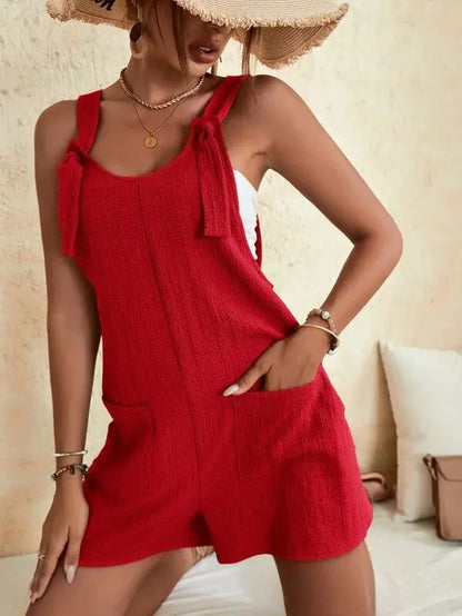 Women's Casual Summer Short Rompers Loose Overall Solid Sleeveless Lace up Wide Leg Pant Tie Knot Strap Jumpsuits with Pockets
