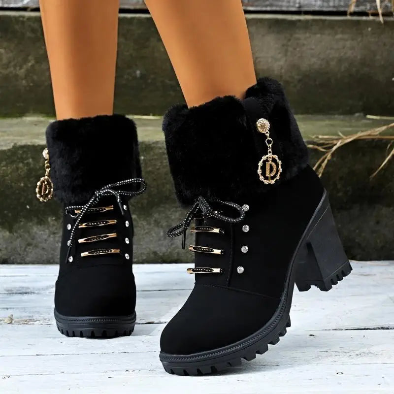 Elegant Fluffy Fur Thick High Heel Suede Ankle Boots Women Winter 2026 Designer Warm Plush Black Short Boots Woman Furry Booties