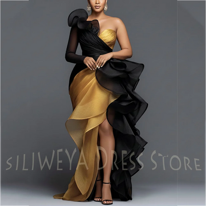 Vintage One Shoulder Evening Dresses Side Slit Long Sleeve Chic Pleat High Quality Floor Length Red Carpet Formal Prom Gown