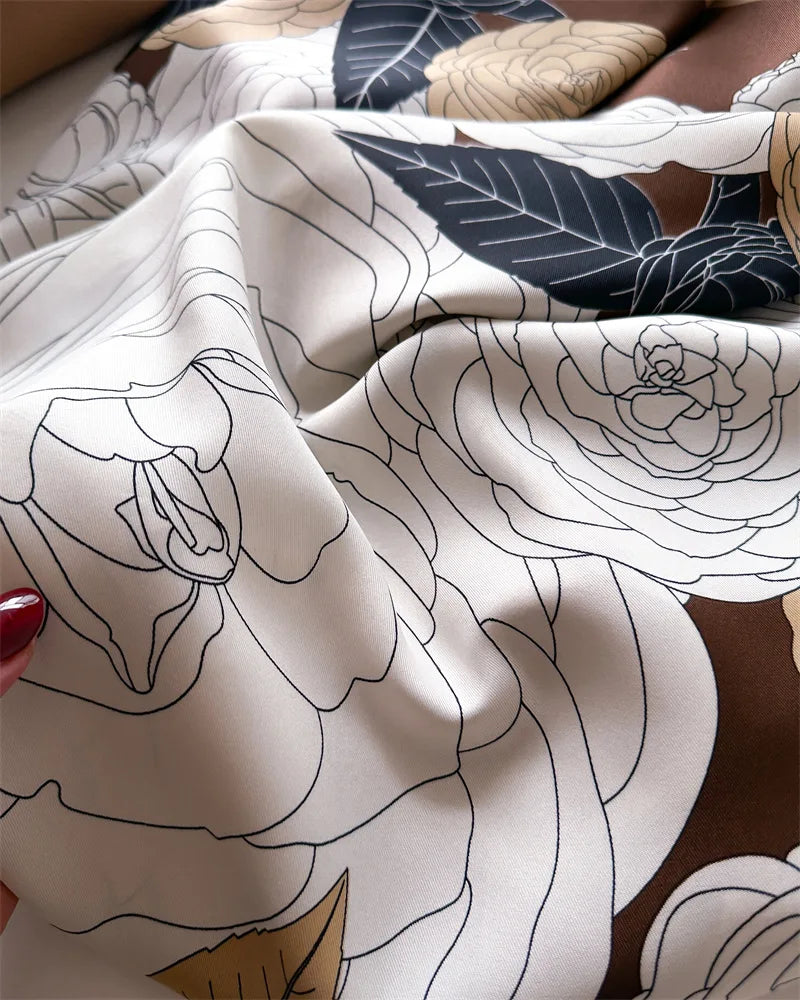90cm Floral Print Silk Square Scarf Women Luxury Brand Satin Shawls Neckerchief Wrap Scarves Bandana Hair Hjiab Bohemian Style