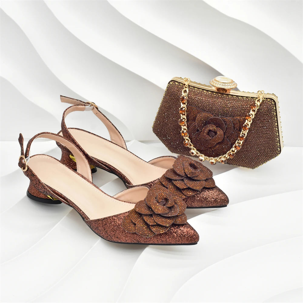 New Arrival Nigerian Women Heel Party Ladies Italian Design Shoes and Bag Set with Rhinestone Wedding Party Luxury Shoes Women