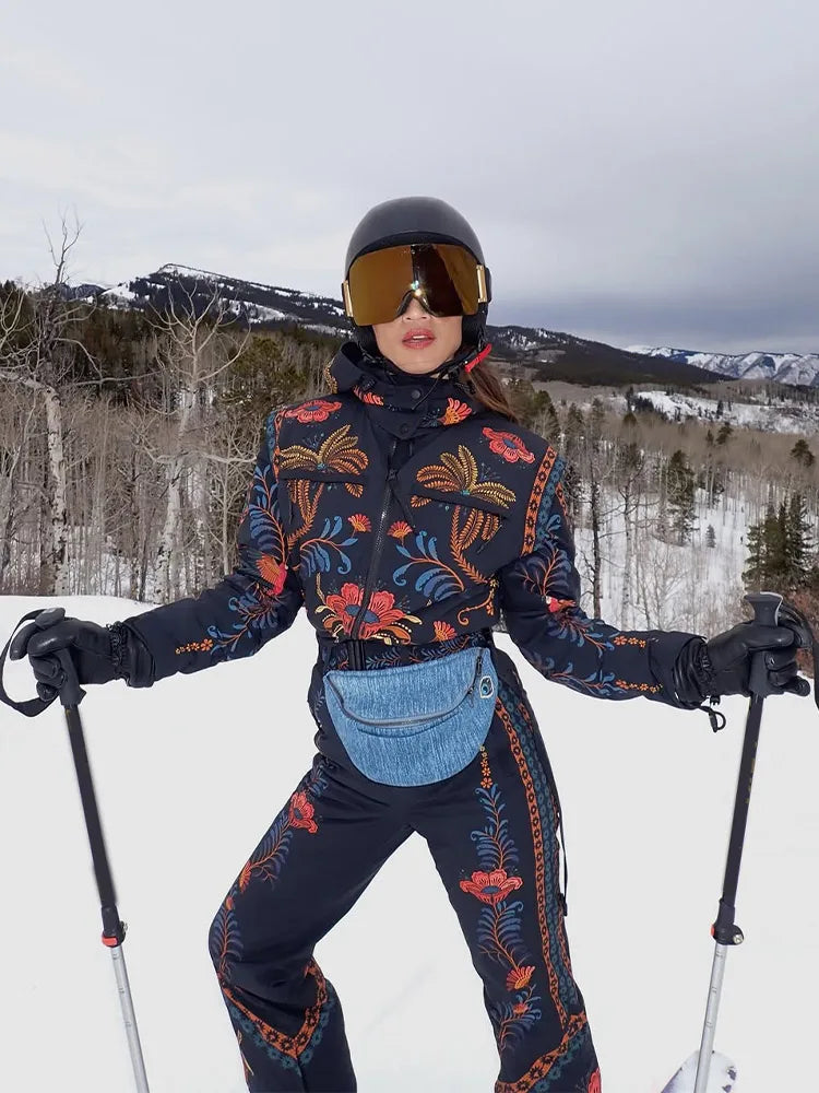 Floral Print One Piece Ski Suit Fashion Hooded Waterproof Thermal Snowboard Jumpsuit 2026 Winter Outdoor Windproof Snow Outfit