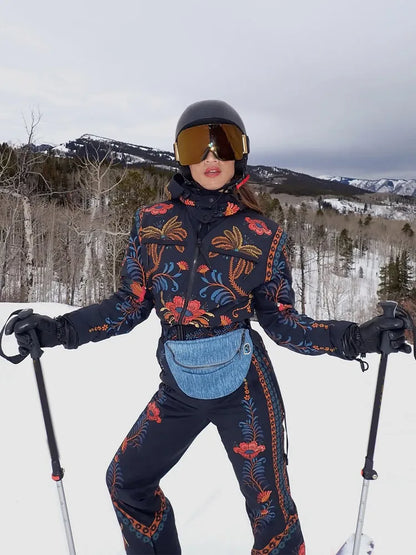 Floral Print One Piece Ski Suit Fashion Hooded Waterproof Thermal Snowboard Jumpsuit 2026 Winter Outdoor Windproof Snow Outfit