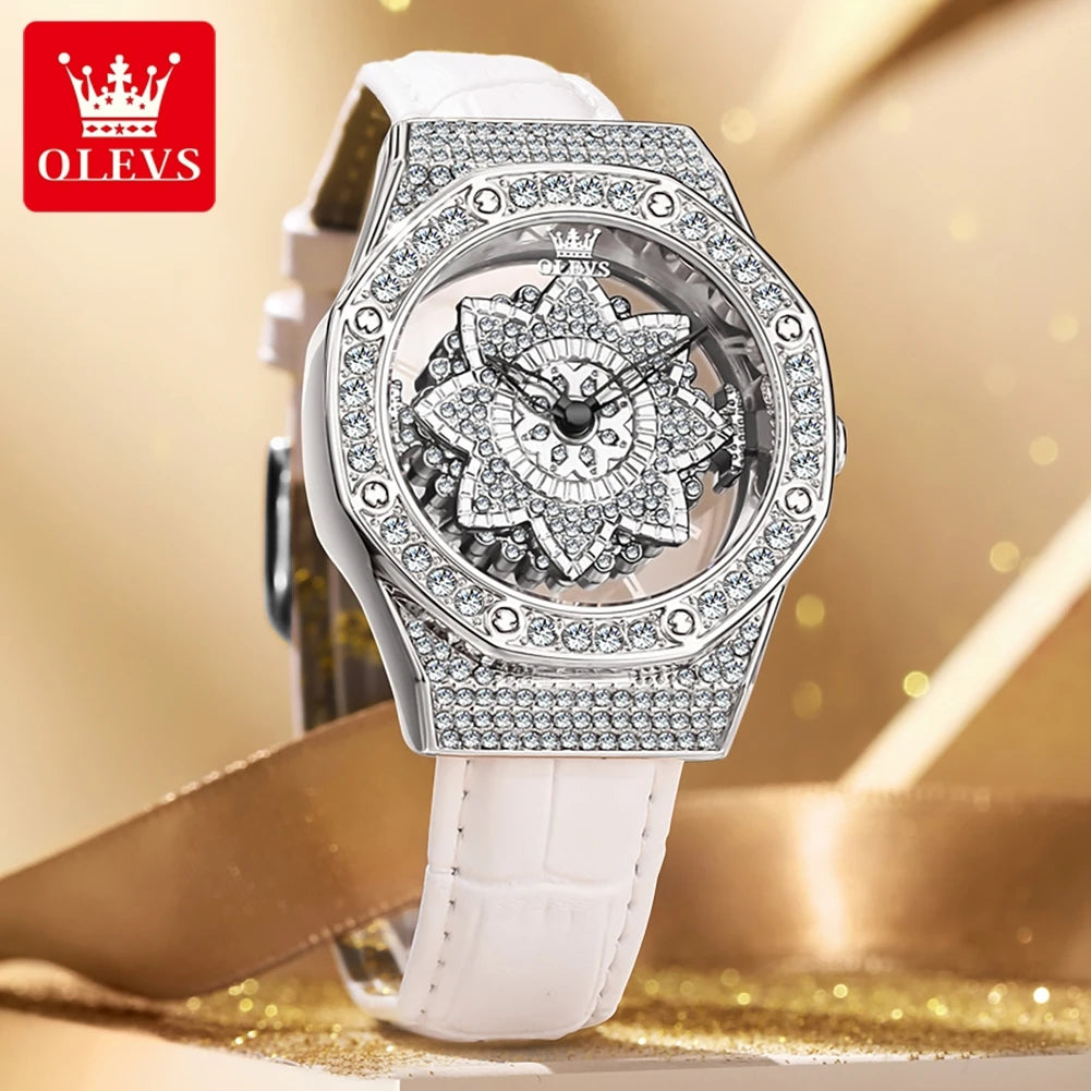 OLEVS Brand Luxury Diamond Quartz Watch for Women Fashion Leather Strap Waterproof Fashion Silver Watches Mens Relogio Feminino