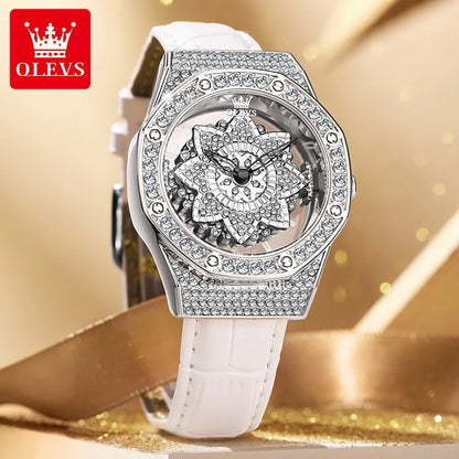 OLEVS Brand Luxury Diamond Quartz Watch for Women Fashion Leather Strap Waterproof Fashion Silver Watches Mens Relogio Feminino