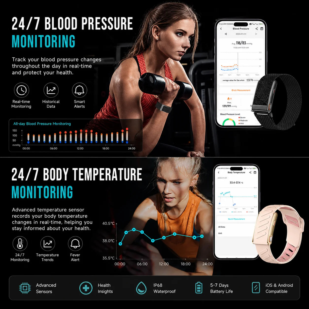 Screenless Smart Bracelet IP68 Waterproof Fitness Tracker Call Reminder 120+ Sport Modes Heart rate Wristband For Men Women