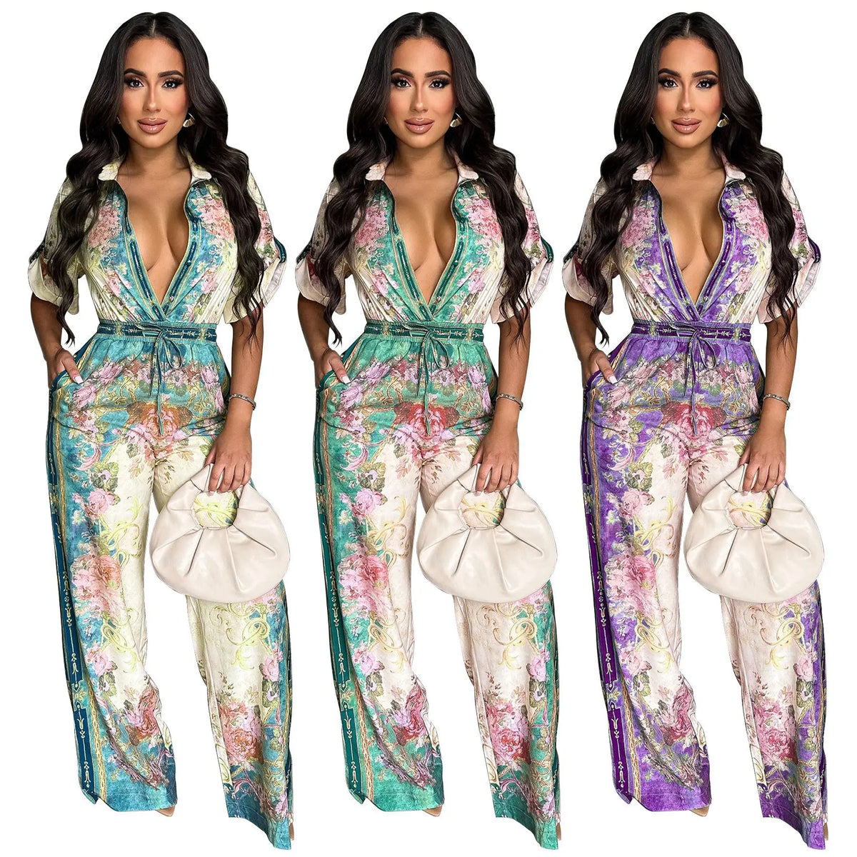 Jumpsuits Women Print One Piece Short Sleeve Overalls Wide Leg Long Pants High Waist Rompers Y2k Streetwear Beach V Neck 2025