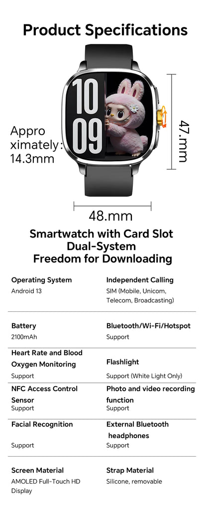 Global Version Smartwatch 2.4 inch Amoled Screen insert Sim Card GPS WIFI 190° Rotating Camera Game Android 13.0 Smart Watch