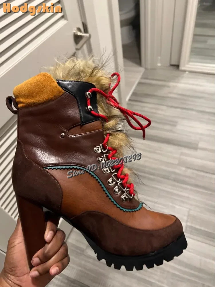 Retro Faux Fur Ankle Boots Pointed Toe Patchwork Cross-tied High Heels Short Boots 2025 Autumn New Women's Fashion Casual Shoes