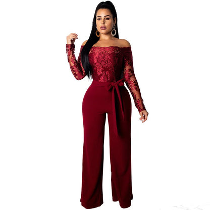 Womens Elegant Off Shoulder Long Pants Wide Leg Jumpsuits Floral Embroidery Lace See Through Cocktail Club Party Evening Rompers