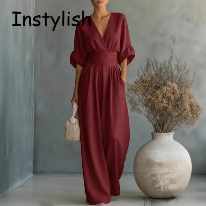 Women Elegant Linen V Neck Short Sleeve Jumpsuit Waist Cinched Wide Leg Long Pants Rompers with Pockets Casual Ladies Overalls