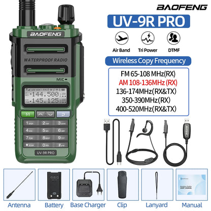 Baofeng UV-9R PRO Walkie Talkie IP68 Waterproof Full Band Wireless Copy Frequency 128CH AM FM Type-C Long Range Two Way Radio