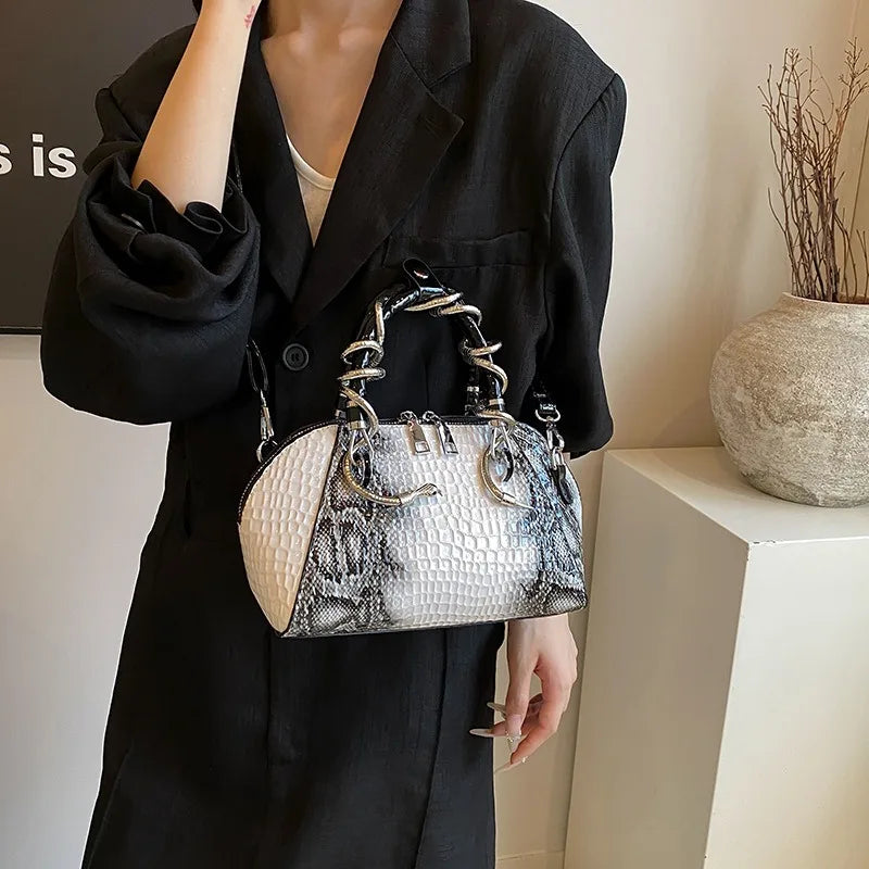 Crocodile Pattern Top-handle Shell Bag With Snake Hardware Wild Shoulder Crossbody Handbags MOODS Designer Luxury Bags For Women