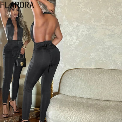 FLARORA Sexy Halter Backless Jumpsuits Woman Deep V-neck Sleeveless Ruched Waist With Draped Tie Skinny Jumpsuit Party Clubwear