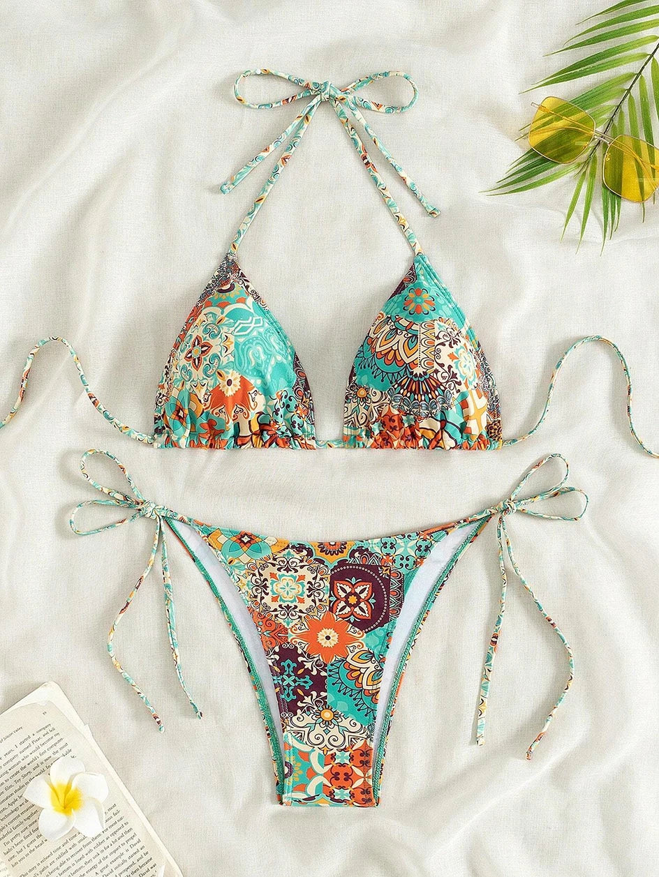 Swimsuit 2026 Female Micro Bikini Women Swimwear Summer Beachwear Women's Bathing Suit Floral Print Neck Halter Thong Bikini Set