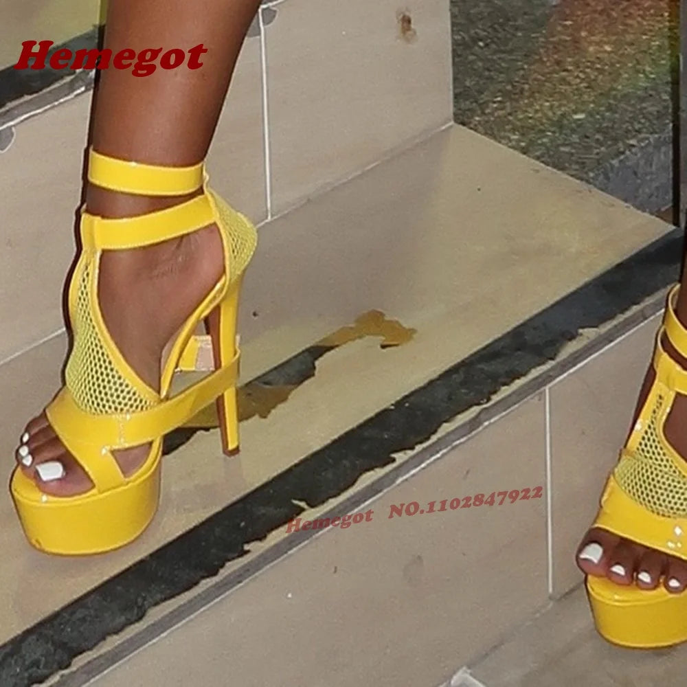 Yellow Air Mesh Sandals Belt-Buckled Peep Toe Platform Glossy Women's Sandals Stiletto Heels Cut Out 2025 New Luxury Shoes