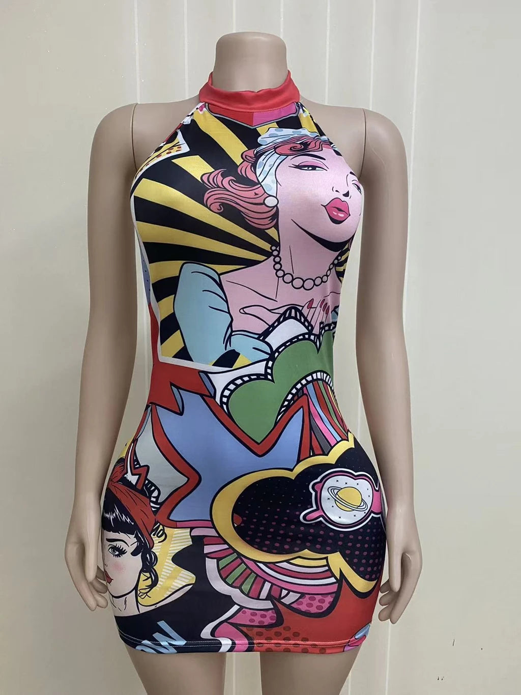 STYLISH LADY Pop Art Comic Print Halter Mini Dress Women Sleeveless Backless Bodycon Stretch Slim Fit Party Club Short Dress