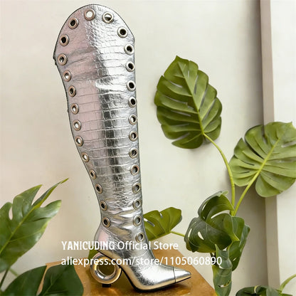 Novelty Circle Heel Knee High Boots Metal Pointed Toe Multiple Eyelet Boots Customizable Multi-color High Heeled Boots for Women