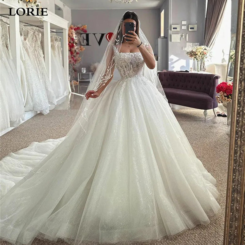 LORIE Luxury Lace Wedding Dresses A Line Square Neck Sleeveless Shiny Glitter Tulle Bride Dress Wedding Gowns Customize 2024