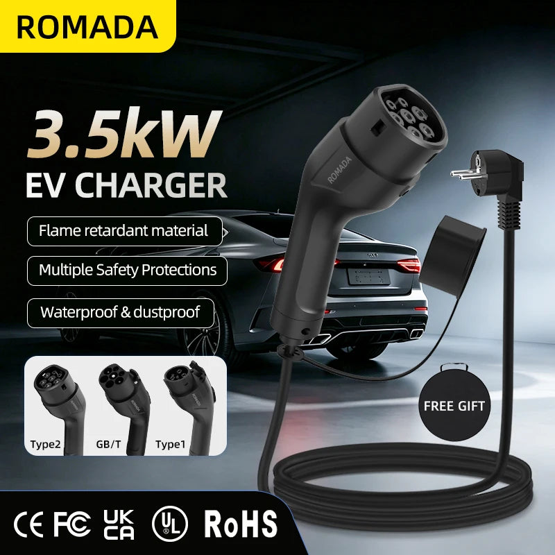 Portable 3.5KW 16A EV Charger with 3M-20M Cable Type2 IEC62196 EU Plug Wallbox Adapter Plug And Charge for Electric Vehicles