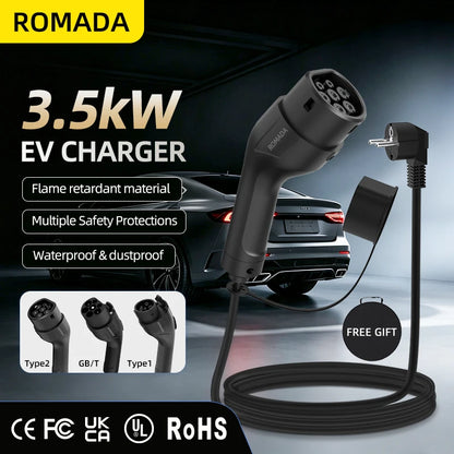 Portable 3.5KW 16A EV Charger with 3M-20M Cable Type2 IEC62196 EU Plug Wallbox Adapter Plug And Charge for Electric Vehicles