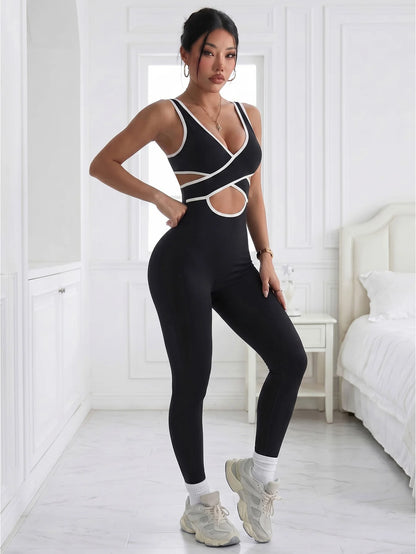 Women Criss Cross Cutout Contrast Piping Workout Jumpsuit Sleeveless Sculpting Yoga Bodysuit