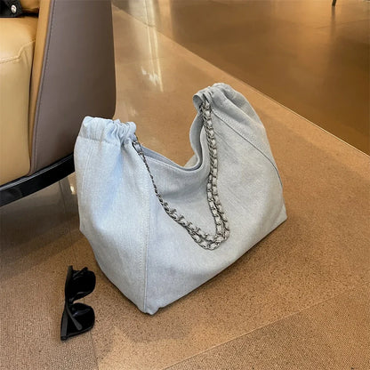 Chic Style Big Chain Shoulder Tote Bags For Women 2023 Luxury Designer Handbags Denim Fabric Pure Color Large Capacity Shoppers