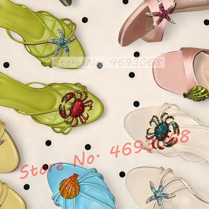Rhinestone Shell Crab Decal Heeled Mules Women Elegant Beach Shallow High Heels Shoes Luxury Bling Cross Strap Fashion Slippers