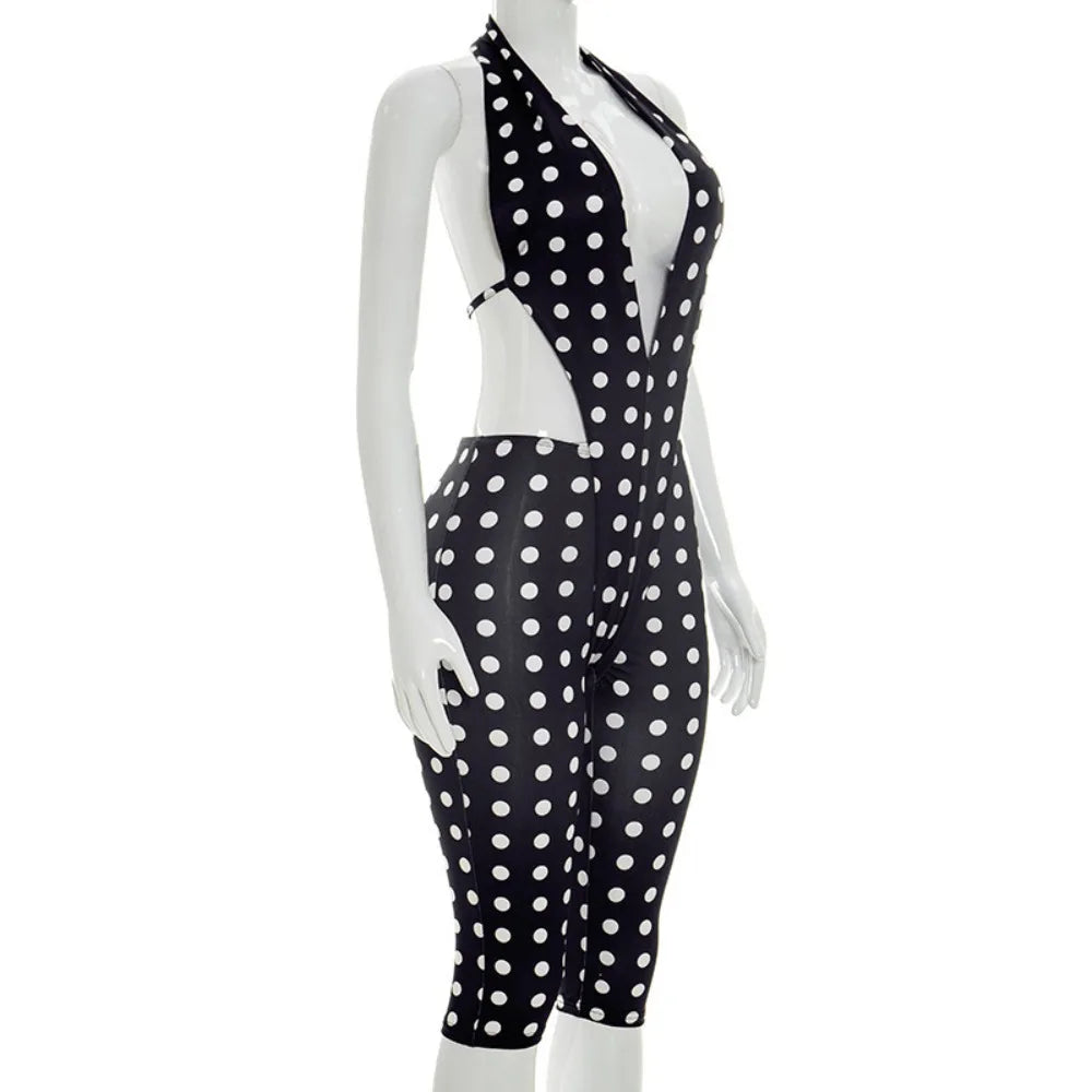 FLARORA Sexy Polka Dot Print Jumpsuits Woman Hipster Halter Sleeveless Backless Hollow Skinny Jumpsuit Hottie Party Streetwear