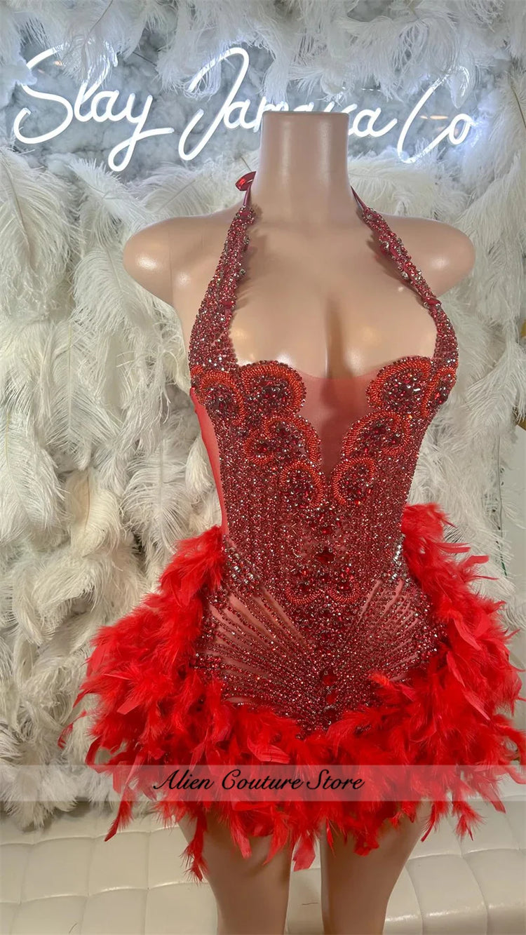 Glitter Pink Crystal Short Prom Dress For Black Girl Homecoming Senior Cocktail Dress Birthday Party Gown Feathers Customized