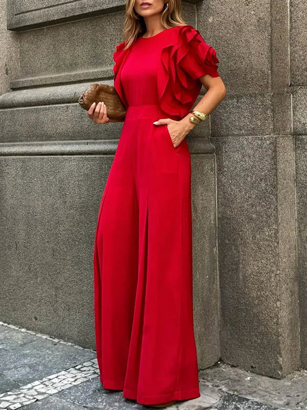 Modigirl Red Romper Jumpsuit Woman 2025 New Summer Falbala Short Sleeves Wide Leg Jumpsuits Woman Elegant Party Formal Clothes