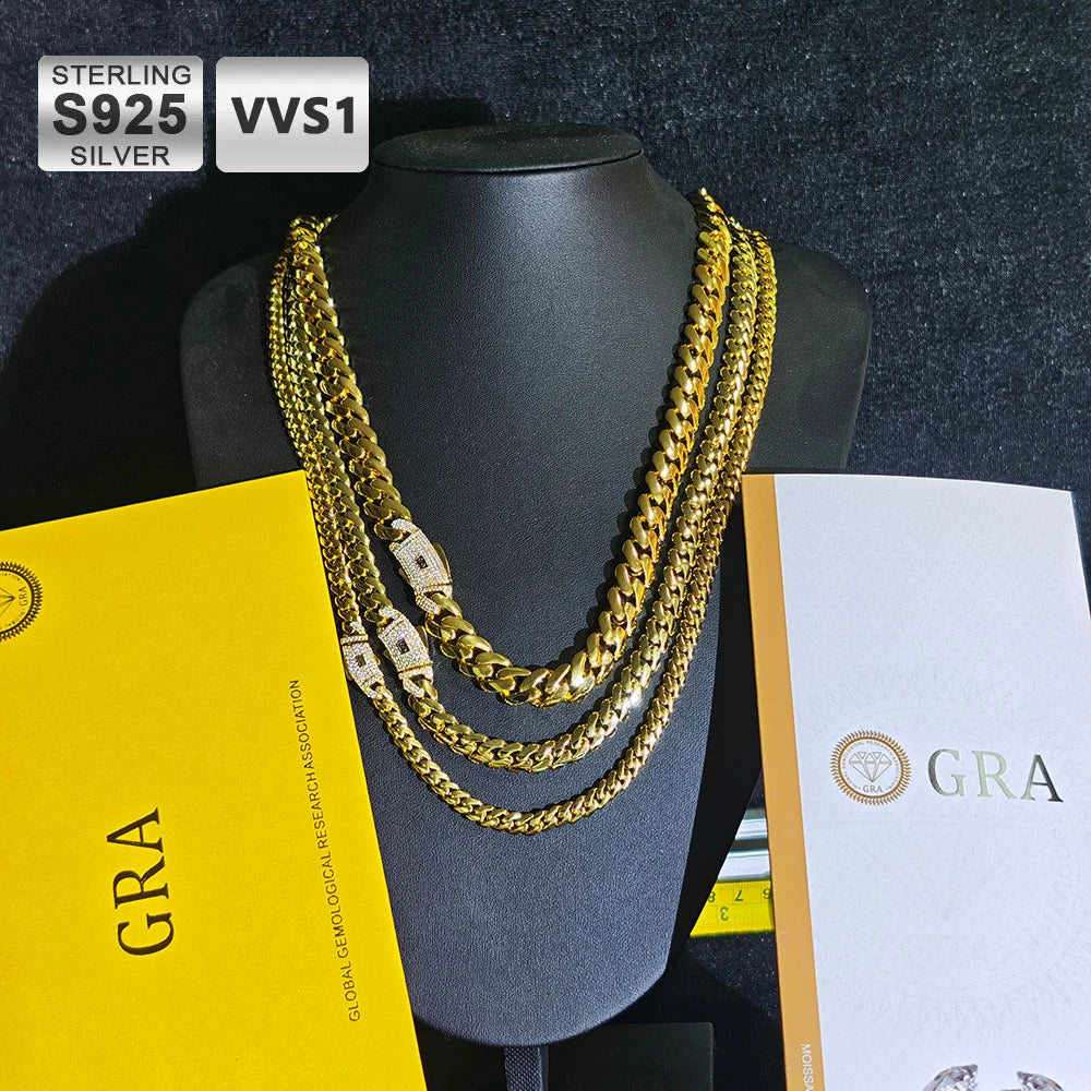 NY Real 14K Gold Plated Moissanite Monaco Chain 925 Silver 6/8/10mm Iced Out VVS Button Smooth Cuban Link Necklace Men Gift