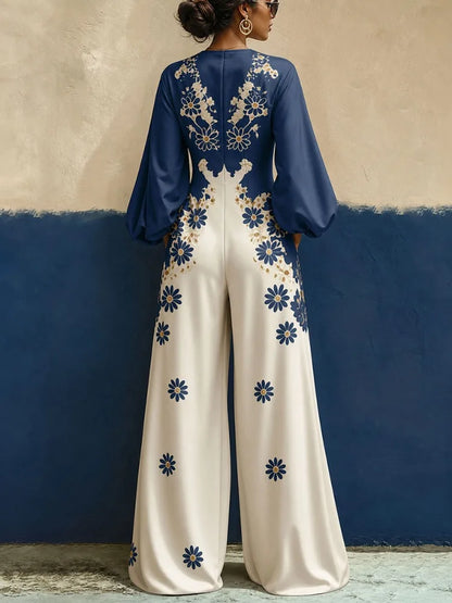 UOOZEE 2026 New Vintage Floral Printed Wide Leg Jumpsuits for Women Loose V-Neck Puff Sleeves Elegant Party Casual Overalls