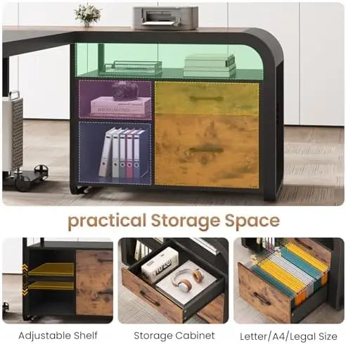 61" Executive L Shaped Desk with Drawer for Home Office,Rustic Brown | Executive Desk with Storage Shelves,Office Desk