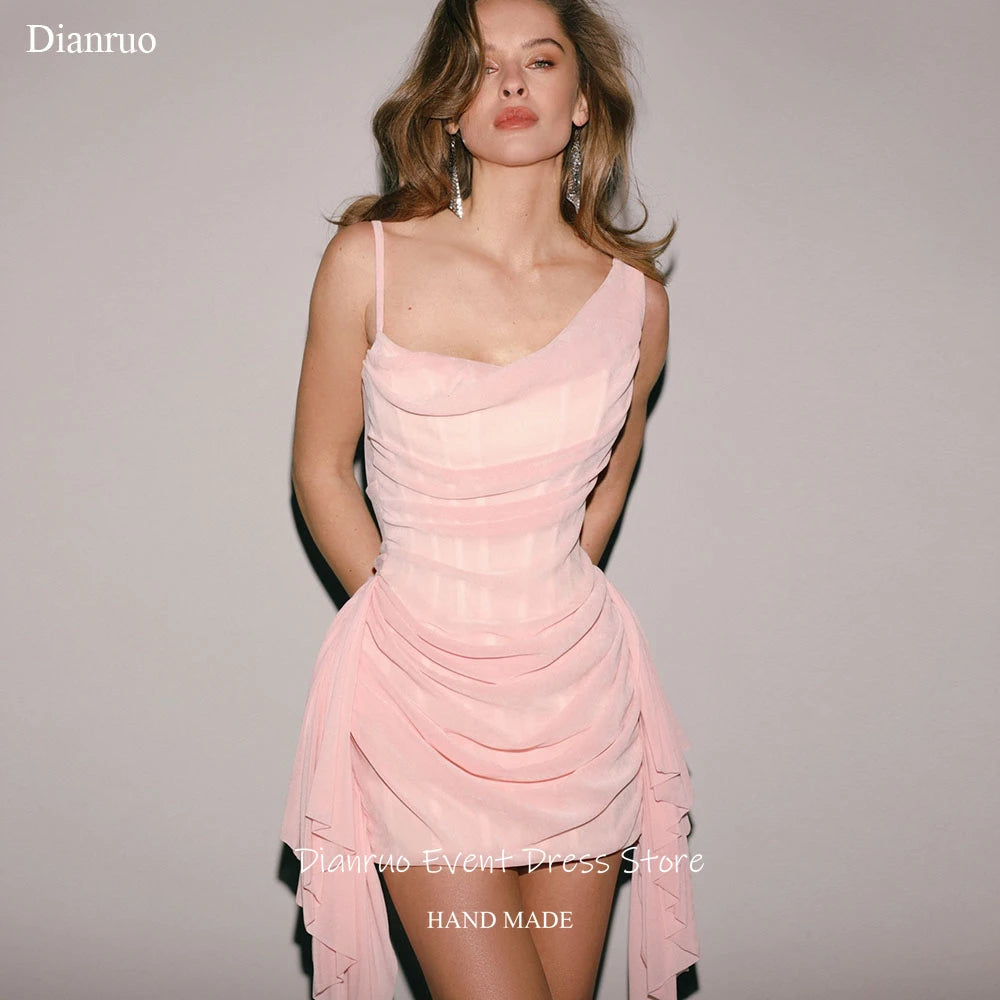 Dianruo Asymmetric Chiffon Prom Dresses Side Ruffle Drape Mini Evening Gowns Lightweight Dreamy Celebrity Dresses Customized