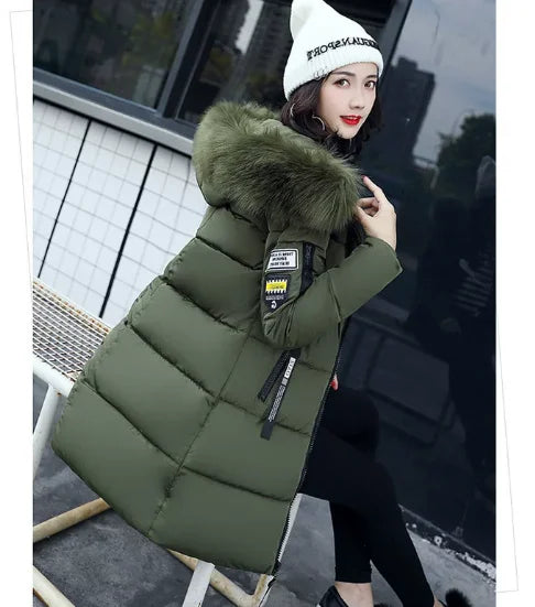 Women Winter Fur Collar Hooded Parka Coats Fashion Letter Patch Zipper Long Jacket Elegant Slim Warm Thick Female Snow Outerwear