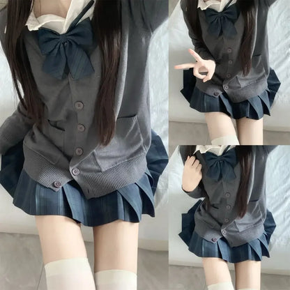 3Pc Set Japanese Korean School Uniforms Multicolor Sweater&Plaid Pleat Skirt with Bow Jk Uniform Suit Graduation Costumes Women