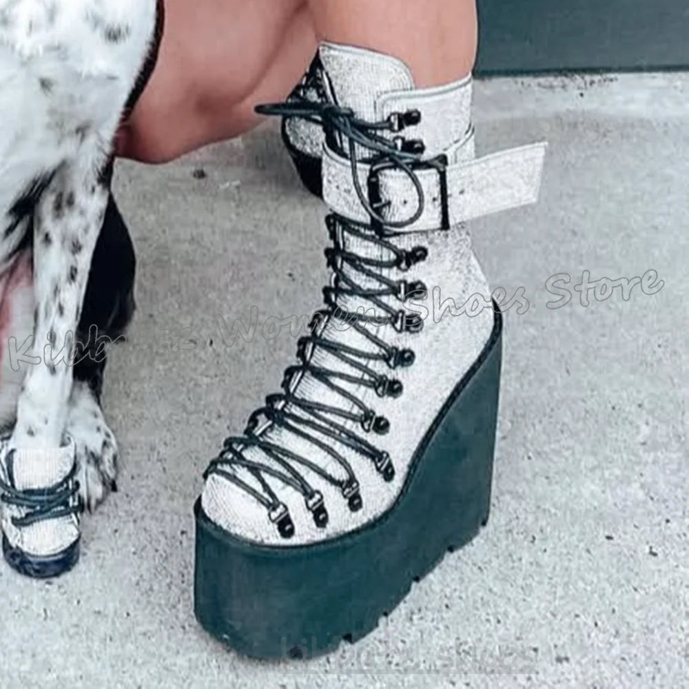 Glossy Ankle Boots Platform Belt Buckle Round Toe Thick Bottom Novelty Fashion Elegant Concise Sexy Women Shoes New Mixed Color