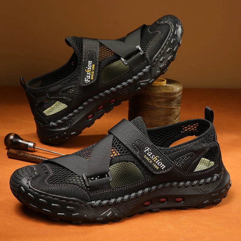 Men Sandals Comfortable Refreshing Mesh Hollow Beach Shoes Summer New Anti Slip Thick Bottom Bag Toe Casual Sandals for Teen