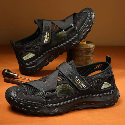Men Sandals Comfortable Refreshing Mesh Hollow Beach Shoes Summer New Anti Slip Thick Bottom Bag Toe Casual Sandals for Teen